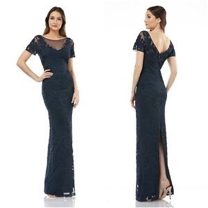 New! JS COLLECTIONS Women's Illusion Yoke Soutache Gown Dress Navy Blue